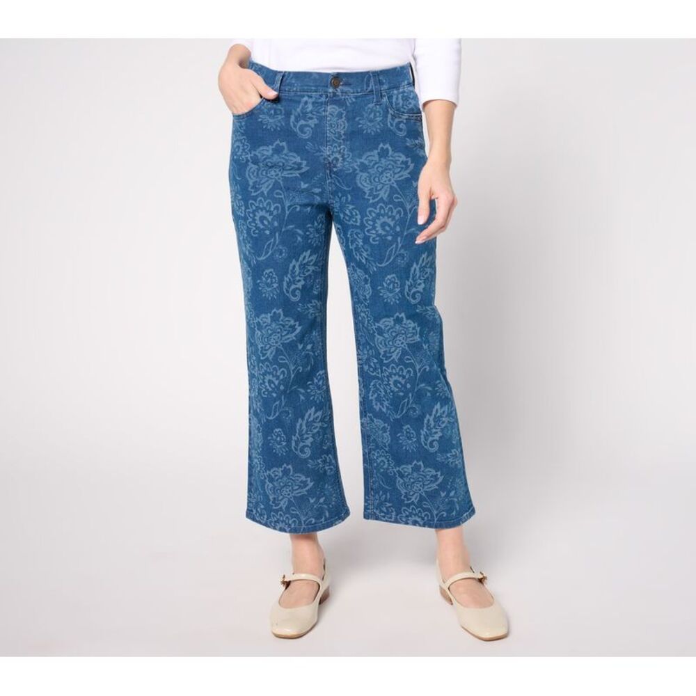 Denim & Co. Women's Petite Pants 6P Laser Printed Wide Leg Crop Jean Blue